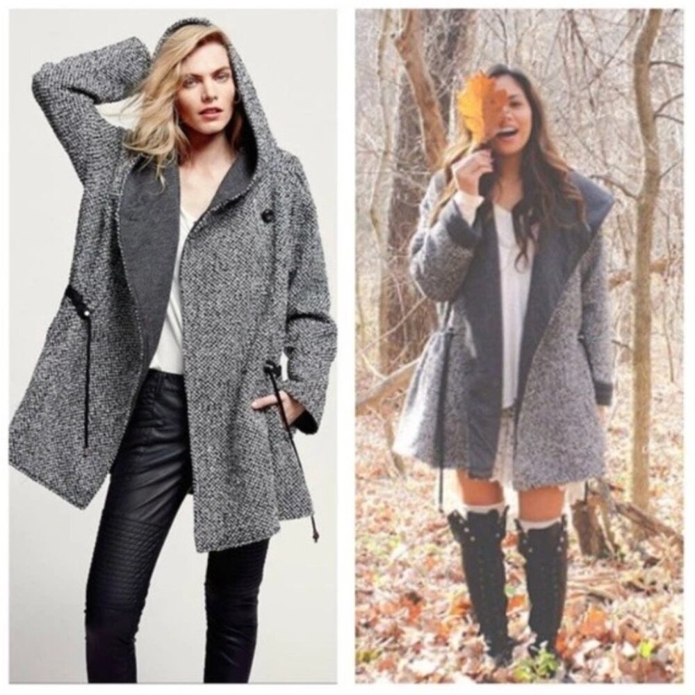 Free People Satellite Image Swing Coat Tweed Hooded Black White Women Size XS